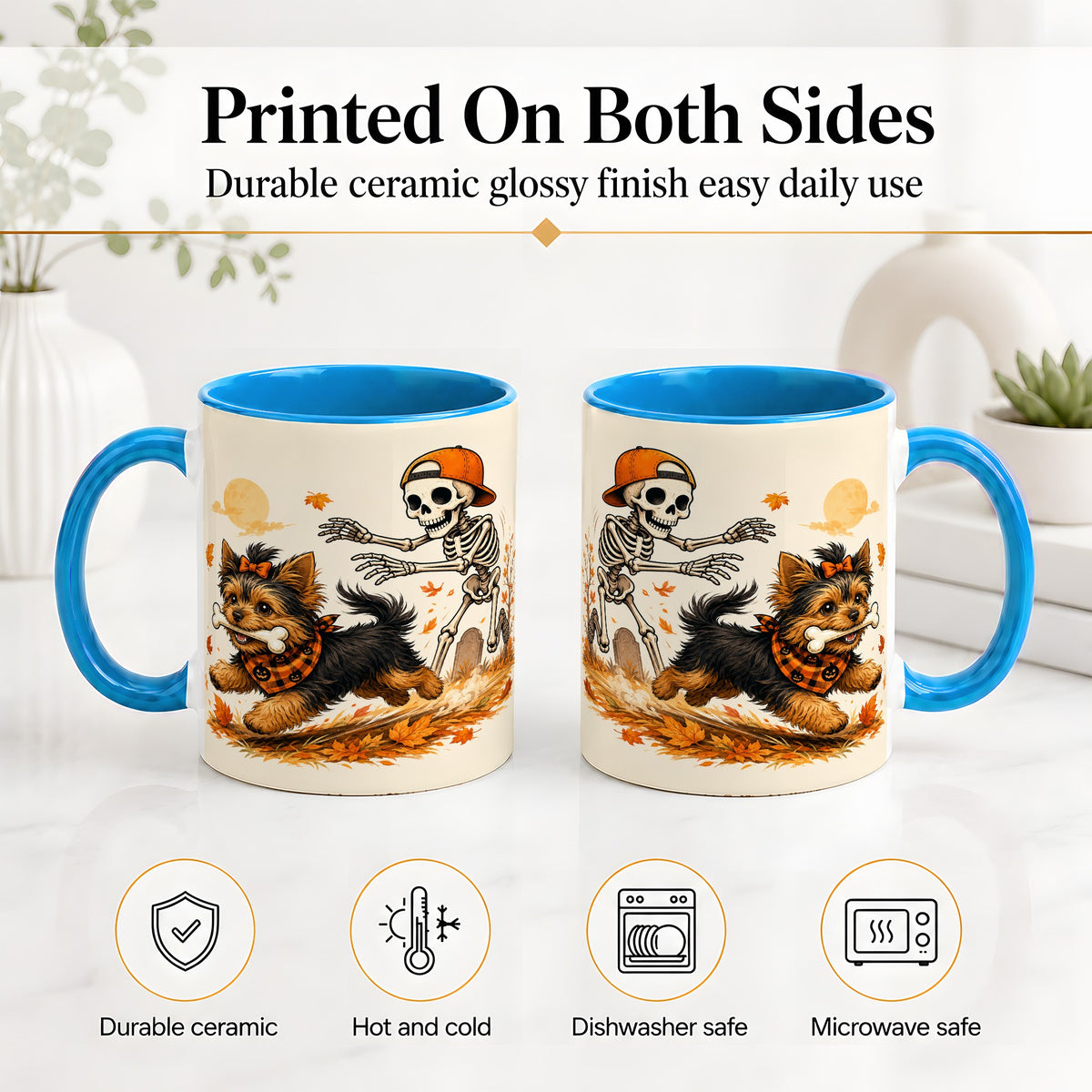 #pl[11oz|Blue] Orange Cap Skeleton Yorkie Ceramic Mug, Autumn Art for Dog Lovers