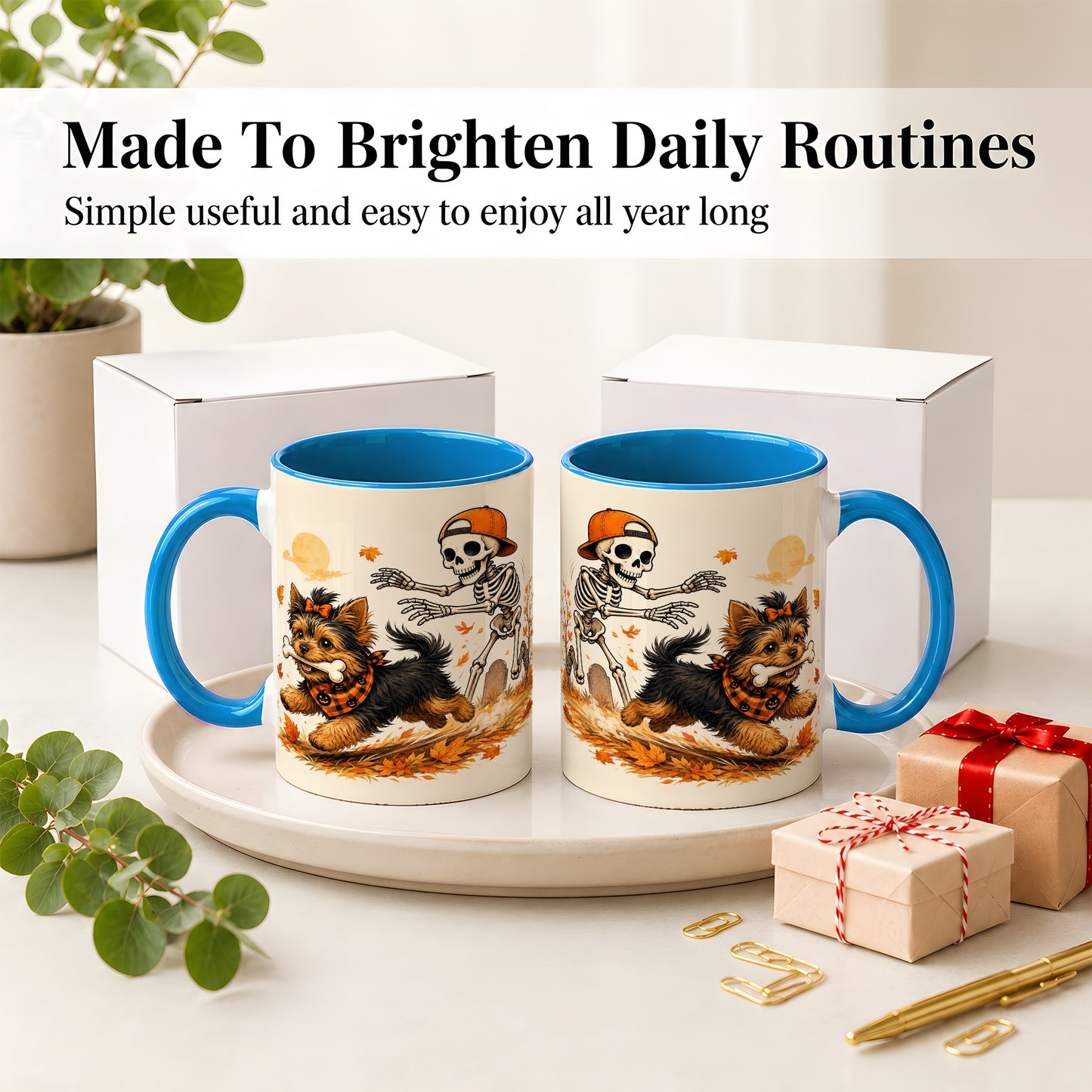 #pl[11oz|Blue] Orange Cap Skeleton Yorkie Ceramic Mug, Autumn Art for Dog Lovers