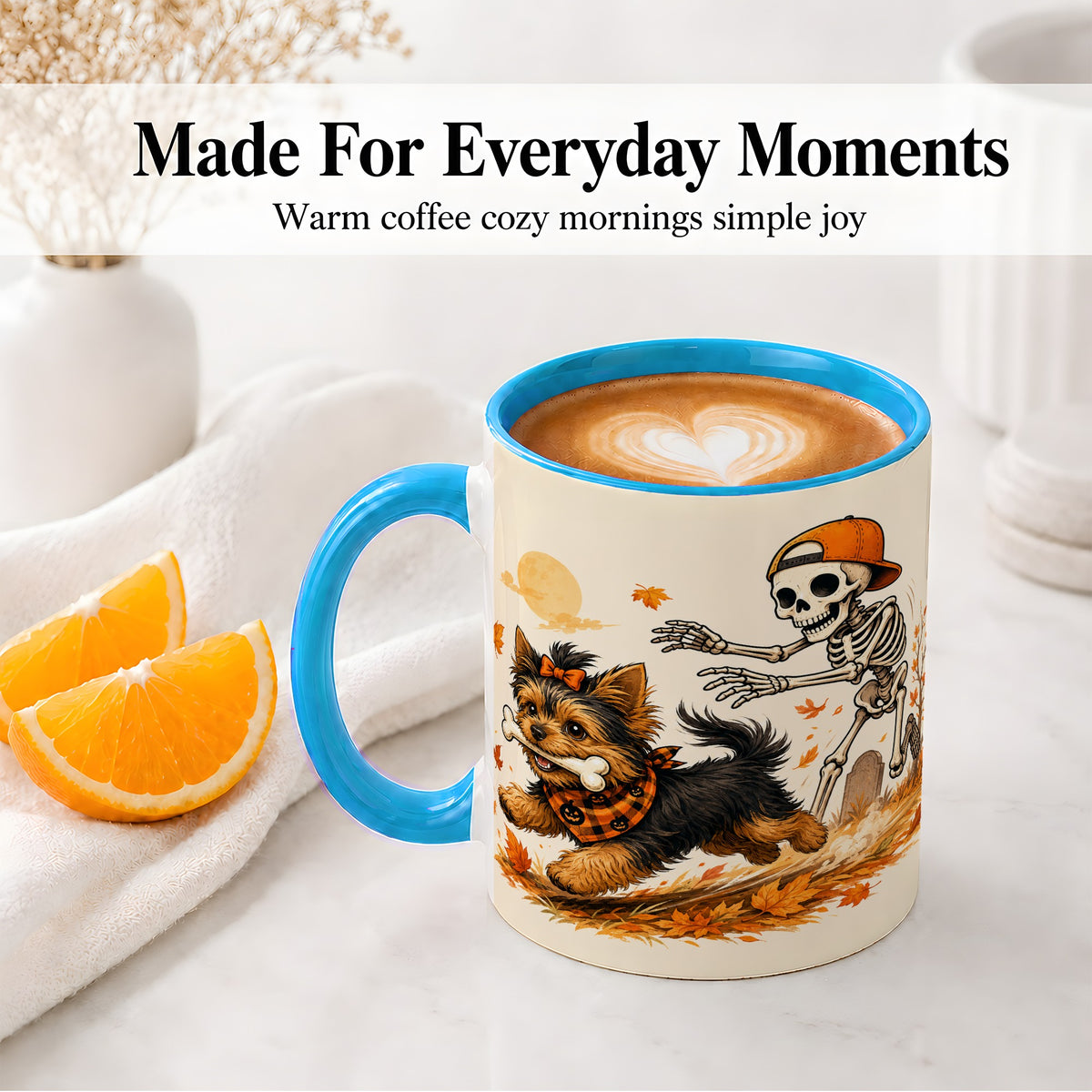 #pl[11oz|Blue] Orange Cap Skeleton Yorkie Ceramic Mug, Autumn Art for Dog Lovers