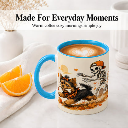 #pl[11oz|Blue] Orange Cap Skeleton Yorkie Ceramic Mug, Autumn Art for Dog Lovers