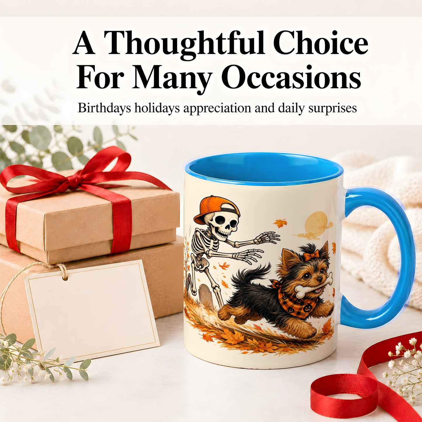 #pl[11oz|Blue] Orange Cap Skeleton Yorkie Ceramic Mug, Autumn Art for Dog Lovers