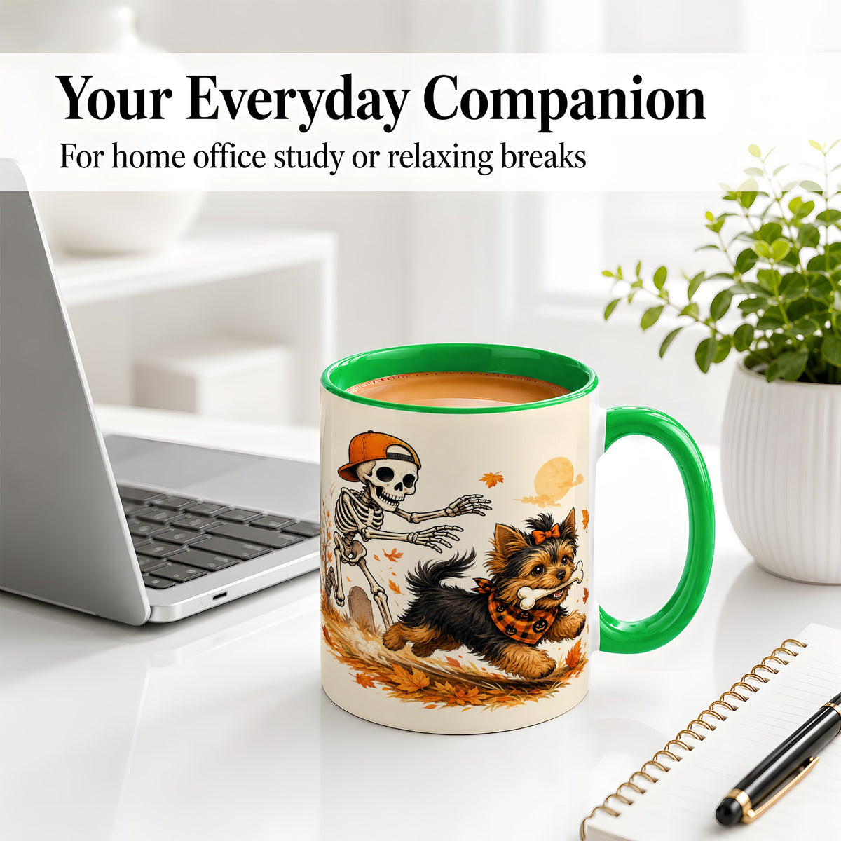 #pl[11oz|Green] Orange Cap Skeleton Yorkie Ceramic Mug, Autumn Art for Dog Lovers
