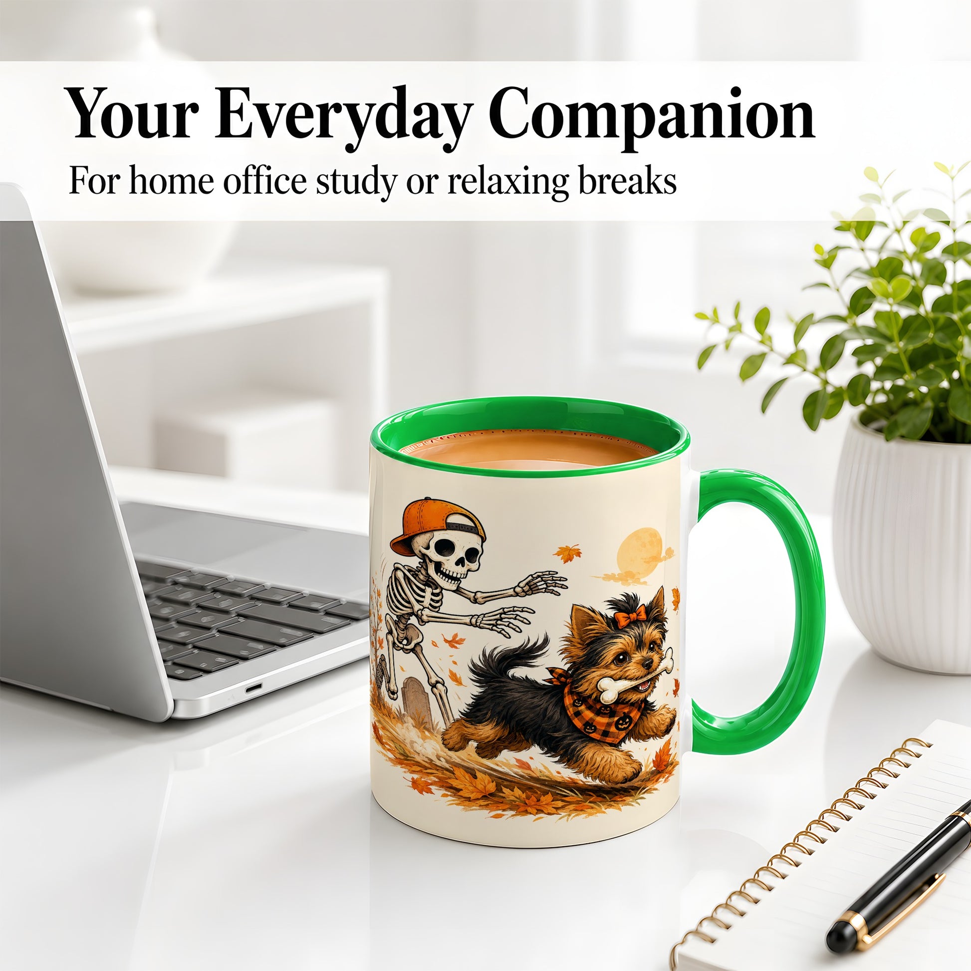 #pl[11oz|Green] Orange Cap Skeleton Yorkie Ceramic Mug, Autumn Art for Dog Lovers
