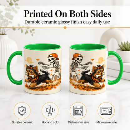 #pl[11oz|Green] Orange Cap Skeleton Yorkie Ceramic Mug, Autumn Art for Dog Lovers