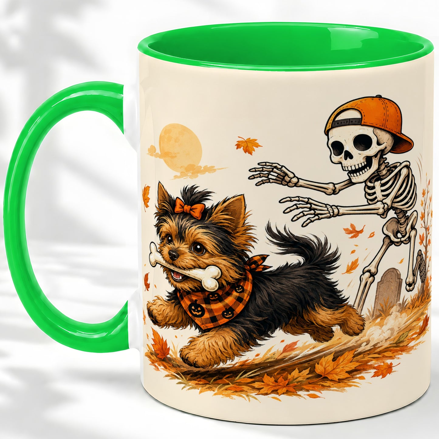 #pl[11oz|Green] Orange Cap Skeleton Yorkie Ceramic Mug, Autumn Art for Dog Lovers
