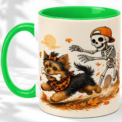 #pl[11oz|Green] Orange Cap Skeleton Yorkie Ceramic Mug, Autumn Art for Dog Lovers