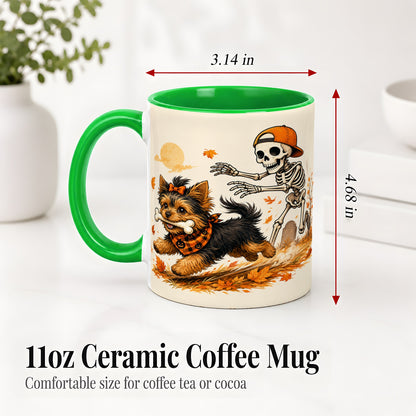 #pl[11oz|Green] Orange Cap Skeleton Yorkie Ceramic Mug, Autumn Art for Dog Lovers