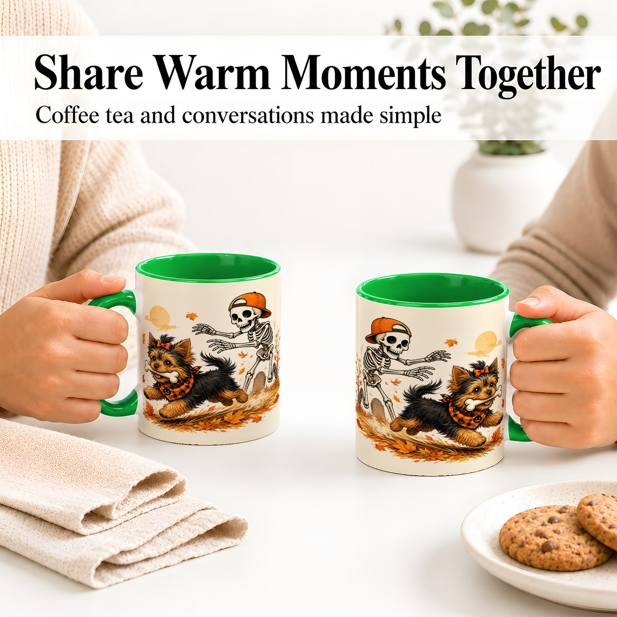 #pl[11oz|Green] Orange Cap Skeleton Yorkie Ceramic Mug, Autumn Art for Dog Lovers
