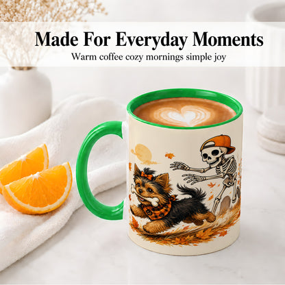 #pl[11oz|Green] Orange Cap Skeleton Yorkie Ceramic Mug, Autumn Art for Dog Lovers
