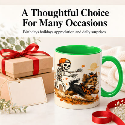 #pl[11oz|Green] Orange Cap Skeleton Yorkie Ceramic Mug, Autumn Art for Dog Lovers