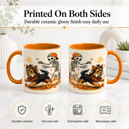 #pl[11oz|Orange] Orange Cap Skeleton Yorkie Ceramic Mug, Autumn Art for Dog Lovers