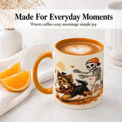 #pl[11oz|Orange] Orange Cap Skeleton Yorkie Ceramic Mug, Autumn Art for Dog Lovers