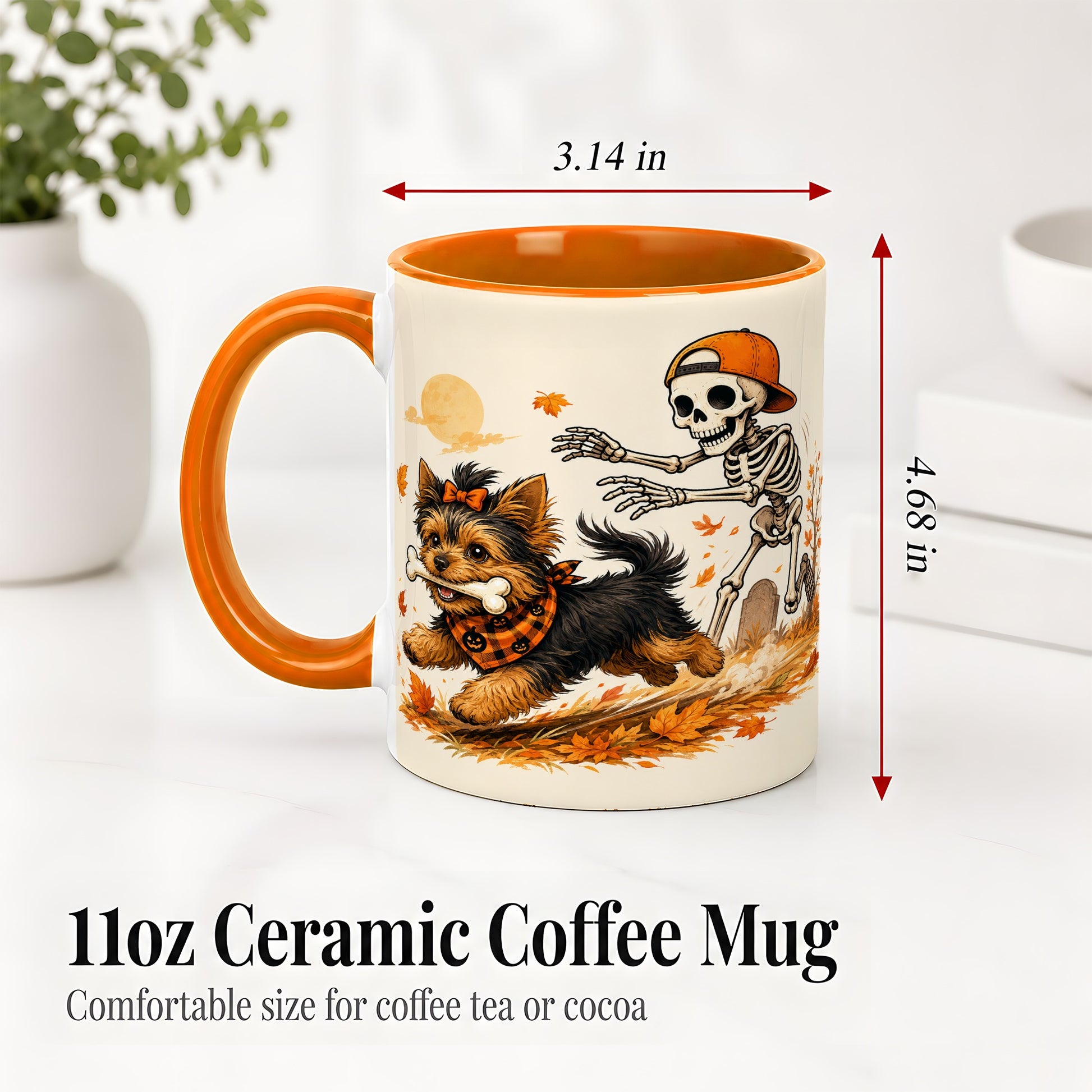 #pl[11oz|Orange] Orange Cap Skeleton Yorkie Ceramic Mug, Autumn Art for Dog Lovers