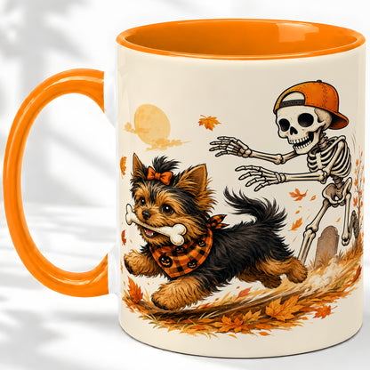 #pl[11oz|Orange] Orange Cap Skeleton Yorkie Ceramic Mug, Autumn Art for Dog Lovers