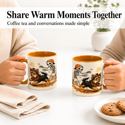 #pl[11oz|Orange] Orange Cap Skeleton Yorkie Ceramic Mug, Autumn Art for Dog Lovers