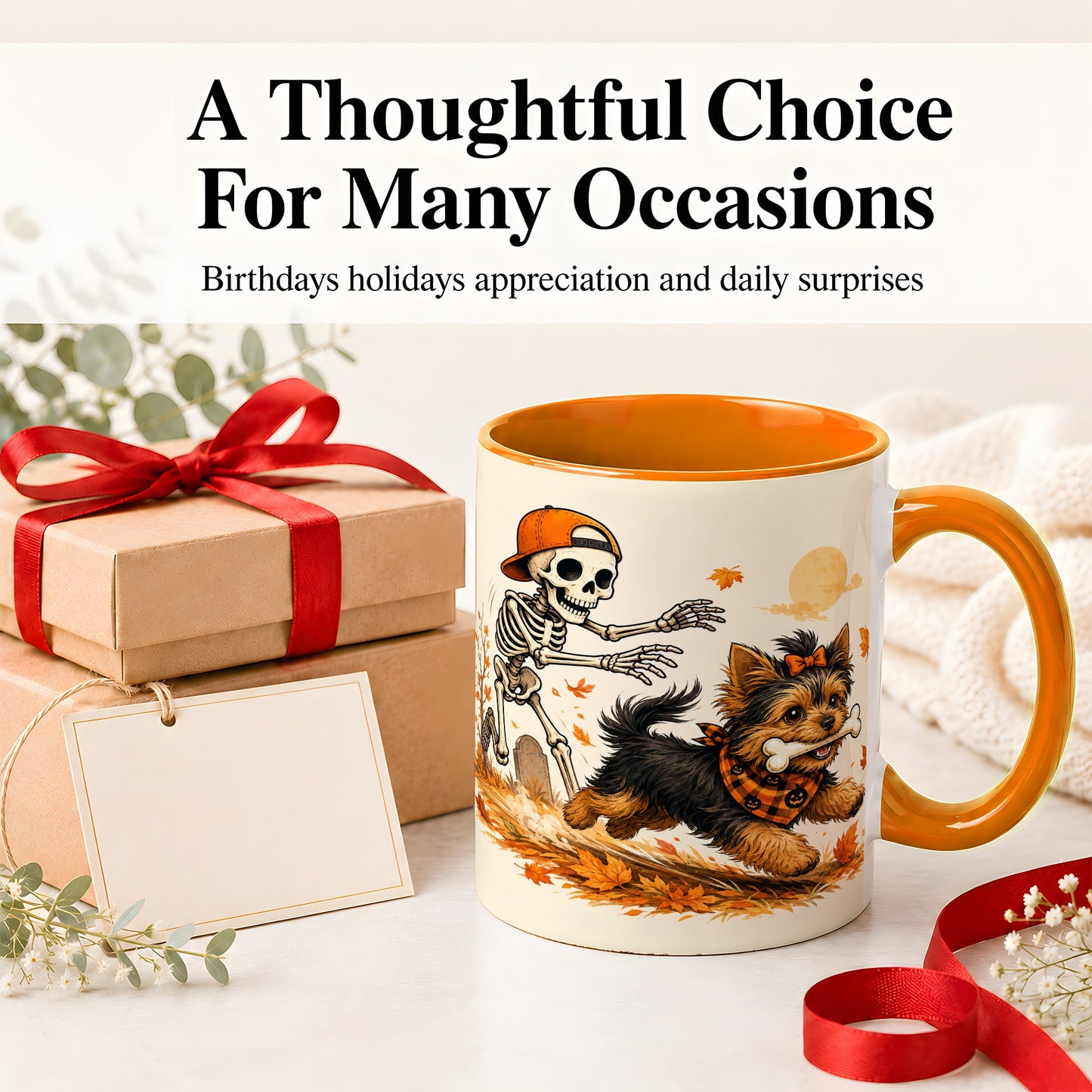 #pl[11oz|Orange] Orange Cap Skeleton Yorkie Ceramic Mug, Autumn Art for Dog Lovers