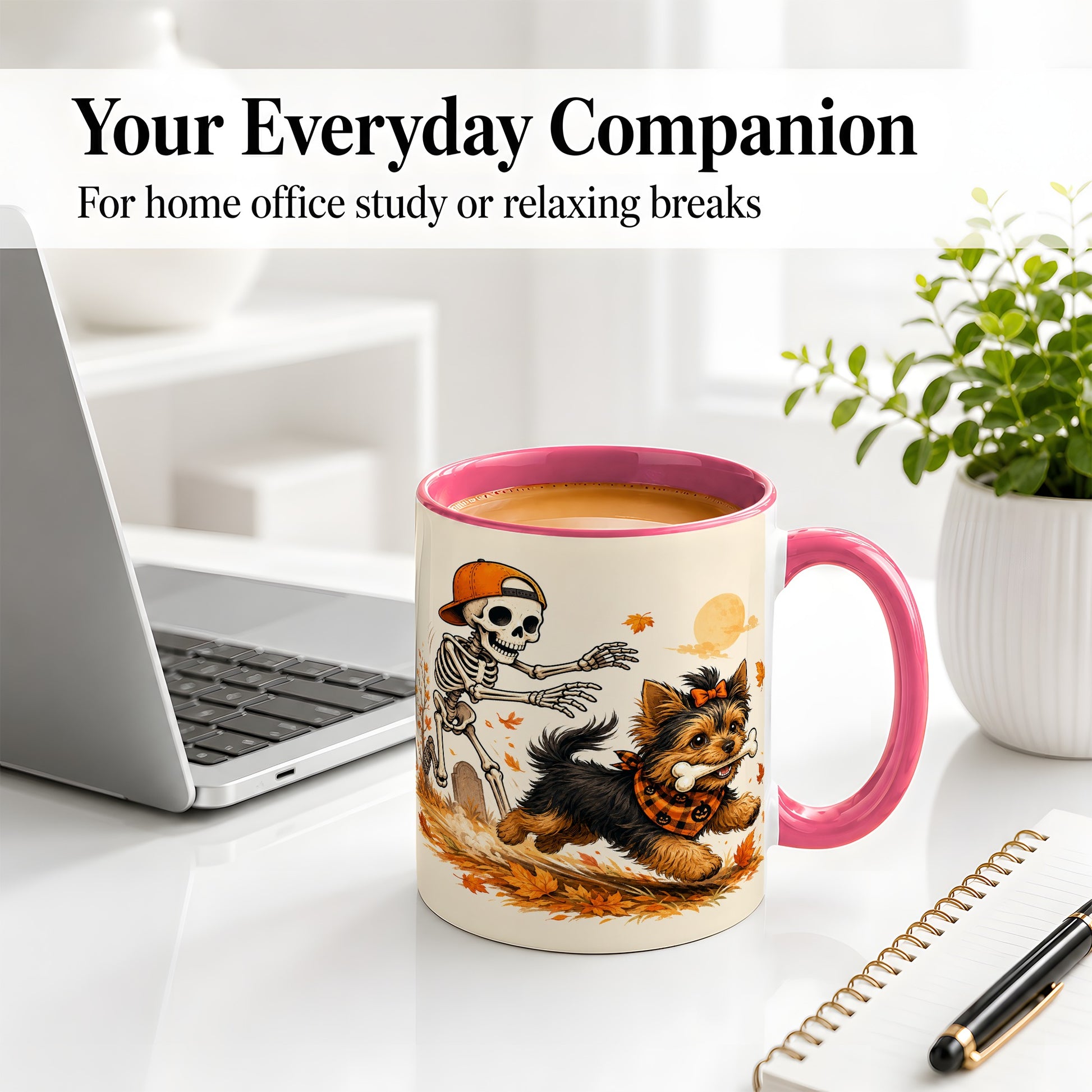#pl[11oz|Pink] Orange Cap Skeleton Yorkie Ceramic Mug, Autumn Art for Dog Lovers