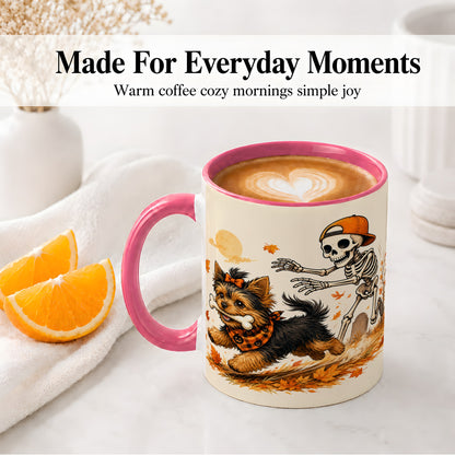 #pl[11oz|Pink] Orange Cap Skeleton Yorkie Ceramic Mug, Autumn Art for Dog Lovers