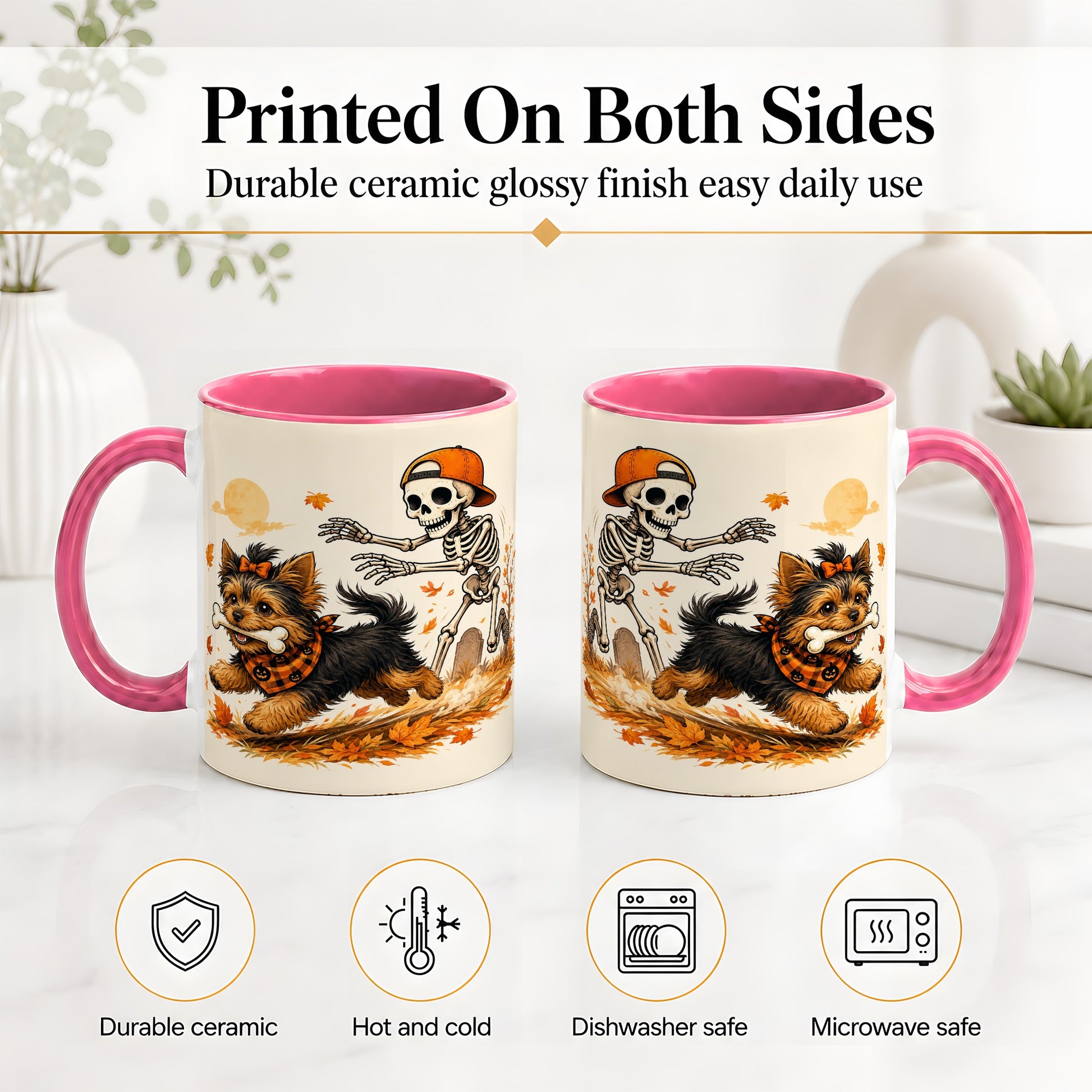 #pl[11oz|Pink] Orange Cap Skeleton Yorkie Ceramic Mug, Autumn Art for Dog Lovers