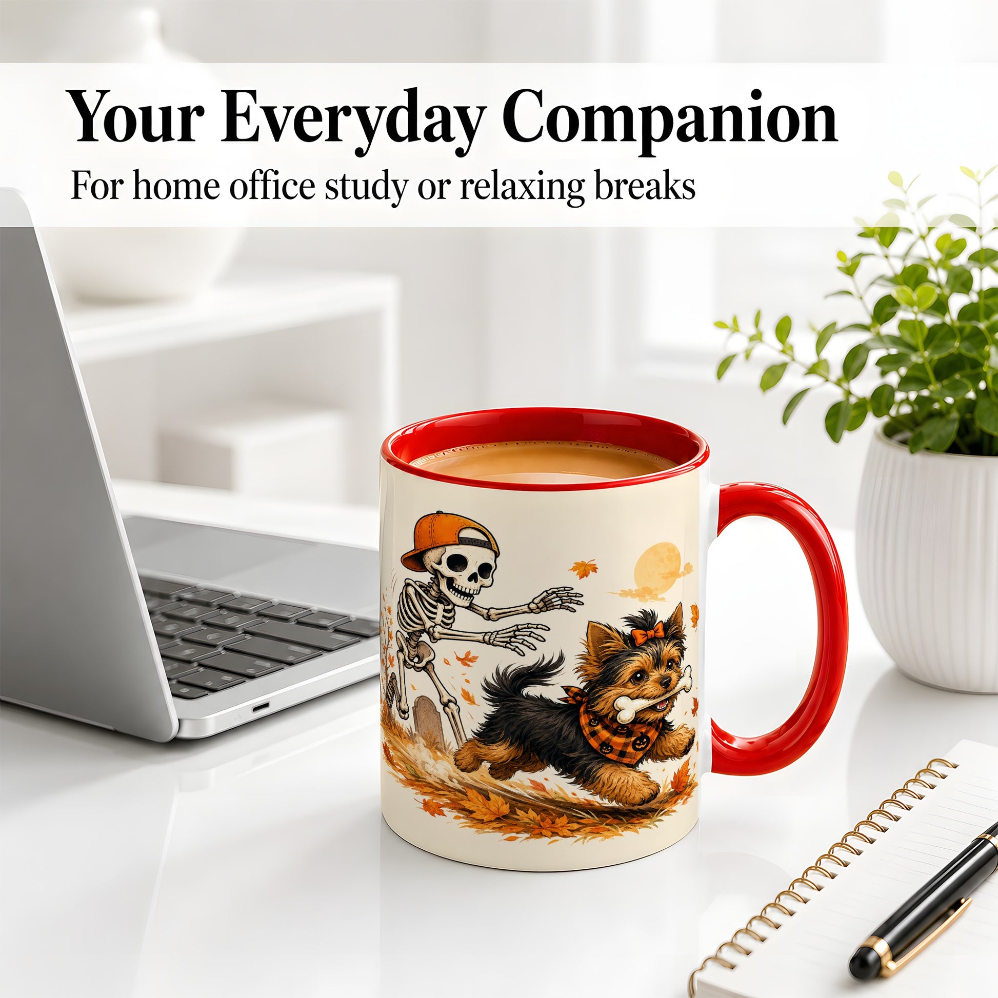 #pl[11oz|Red] Orange Cap Skeleton Yorkie Ceramic Mug, Autumn Art for Dog Lovers