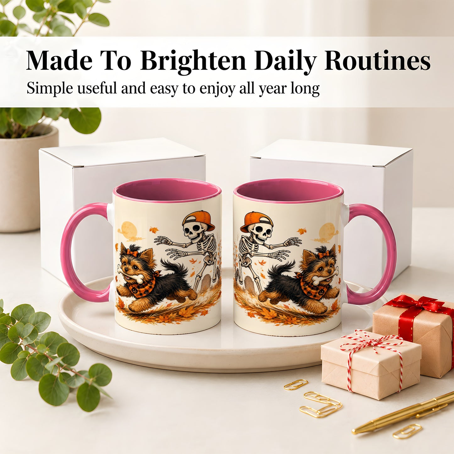 #pl[11oz|Pink] Orange Cap Skeleton Yorkie Ceramic Mug, Autumn Art for Dog Lovers