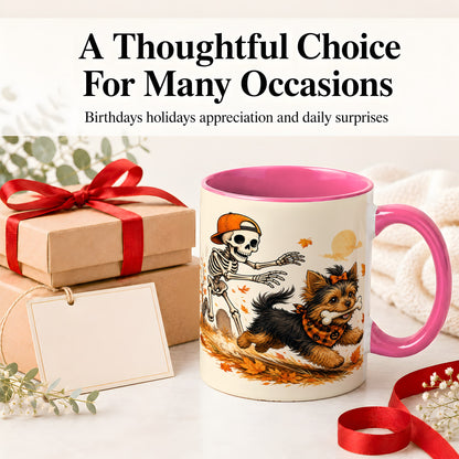 #pl[11oz|Pink] Orange Cap Skeleton Yorkie Ceramic Mug, Autumn Art for Dog Lovers