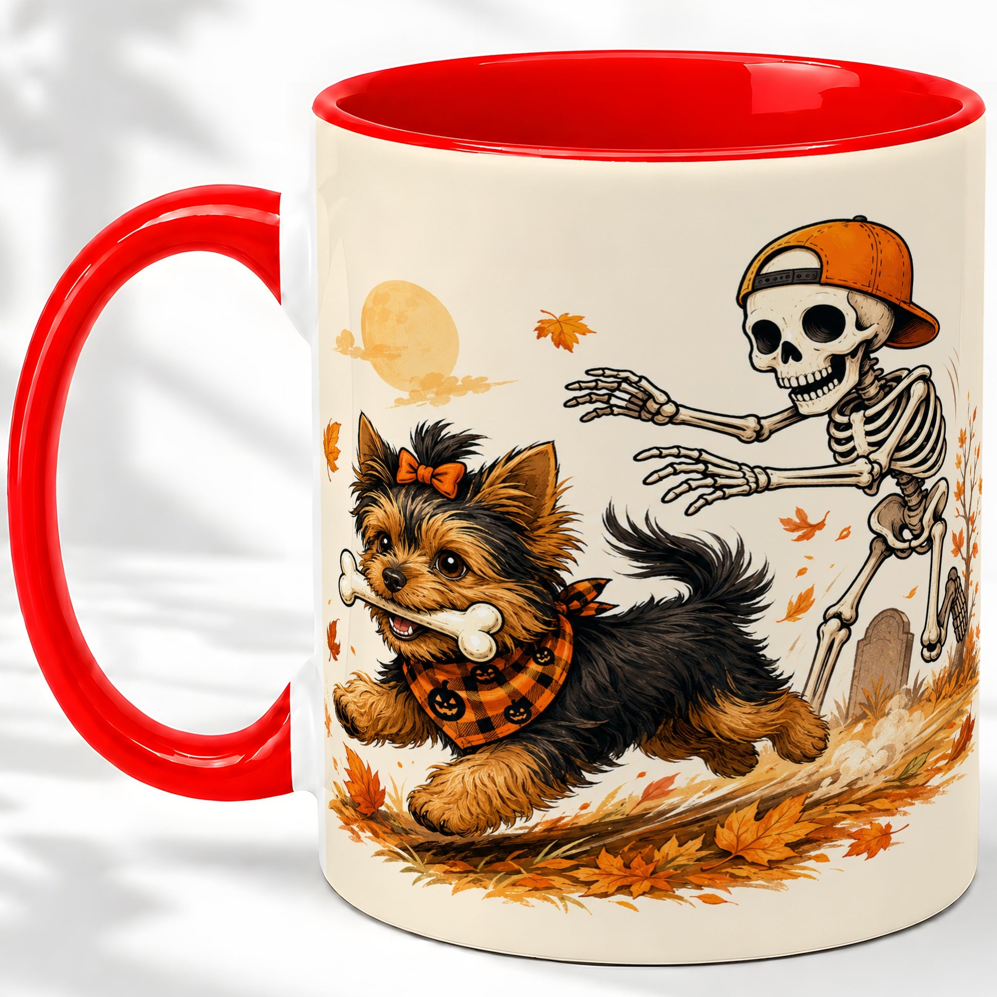 Orange Cap Skeleton Yorkie Ceramic Mug, Autumn Art for Dog Lovers