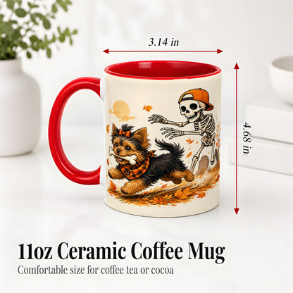 #pl[11oz|Red] Orange Cap Skeleton Yorkie Ceramic Mug, Autumn Art for Dog Lovers