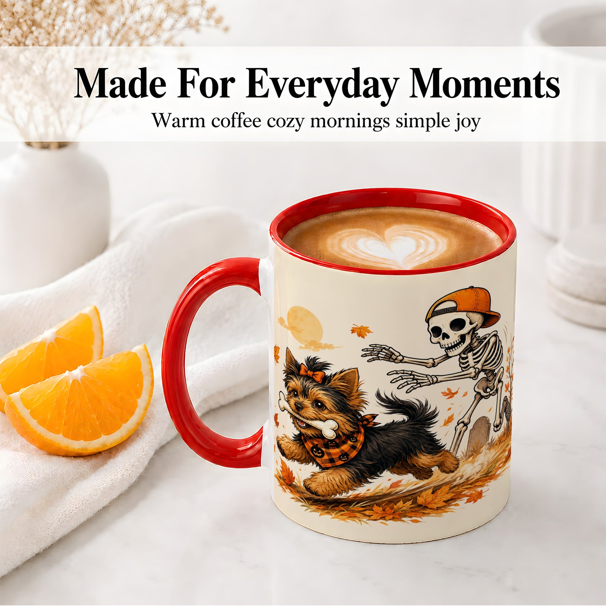 #pl[11oz|Red] Orange Cap Skeleton Yorkie Ceramic Mug, Autumn Art for Dog Lovers