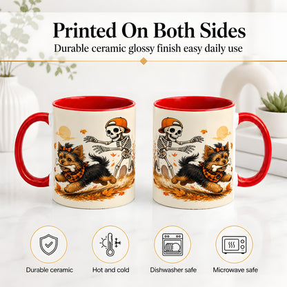 #pl[11oz|Red] Orange Cap Skeleton Yorkie Ceramic Mug, Autumn Art for Dog Lovers