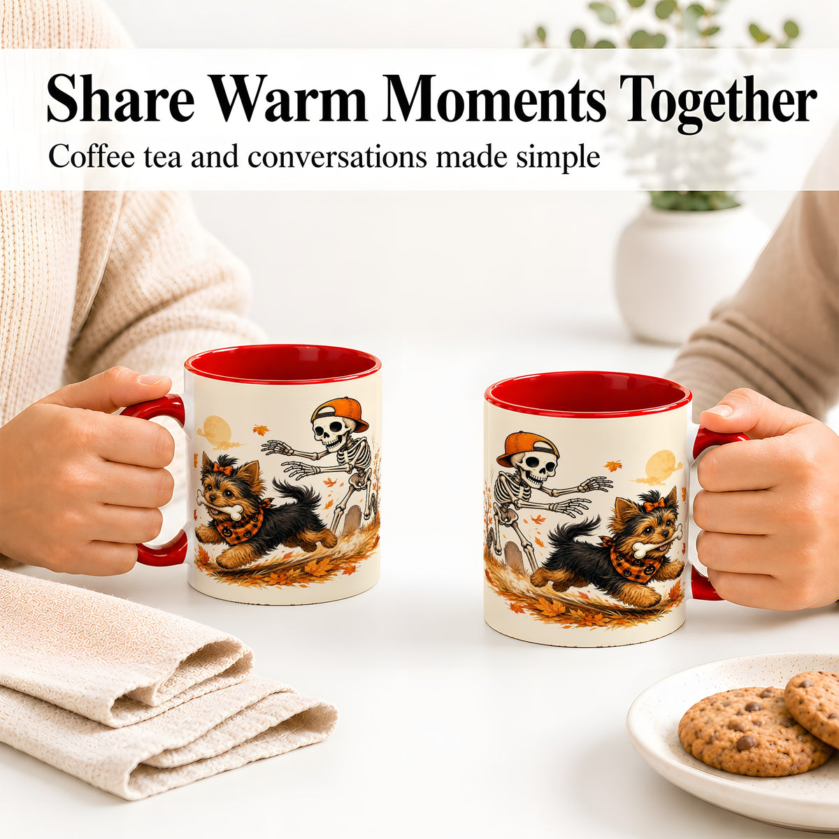 #pl[11oz|Red] Orange Cap Skeleton Yorkie Ceramic Mug, Autumn Art for Dog Lovers