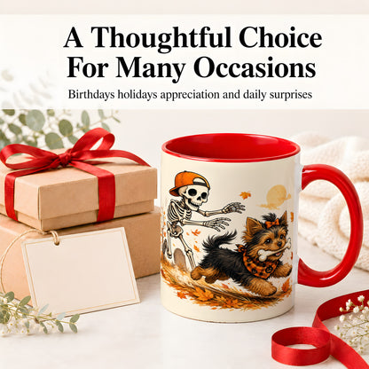 #pl[11oz|Red] Orange Cap Skeleton Yorkie Ceramic Mug, Autumn Art for Dog Lovers