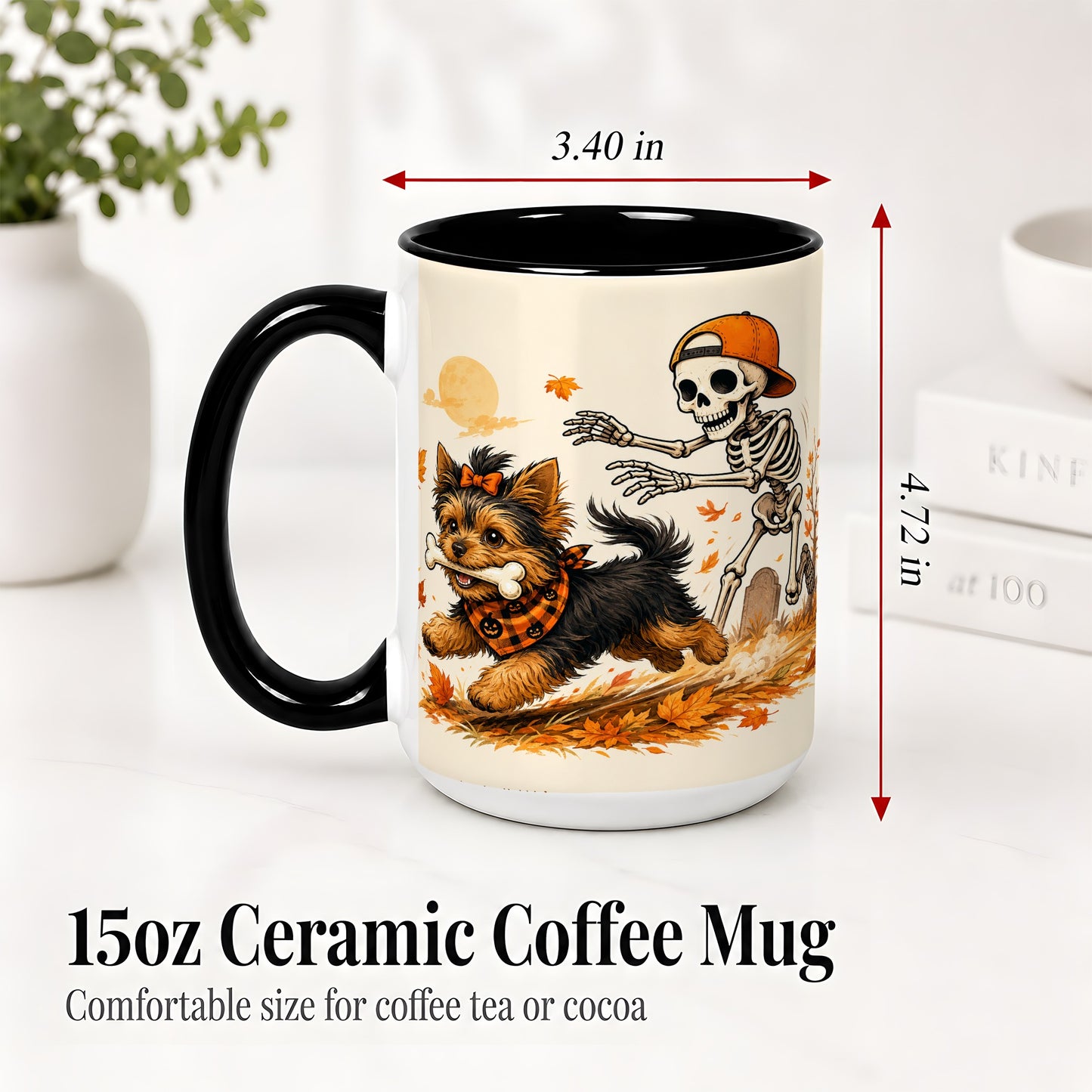 #pl[15oz|Black] Orange Cap Skeleton Yorkie Ceramic Mug, Autumn Art for Dog Lovers