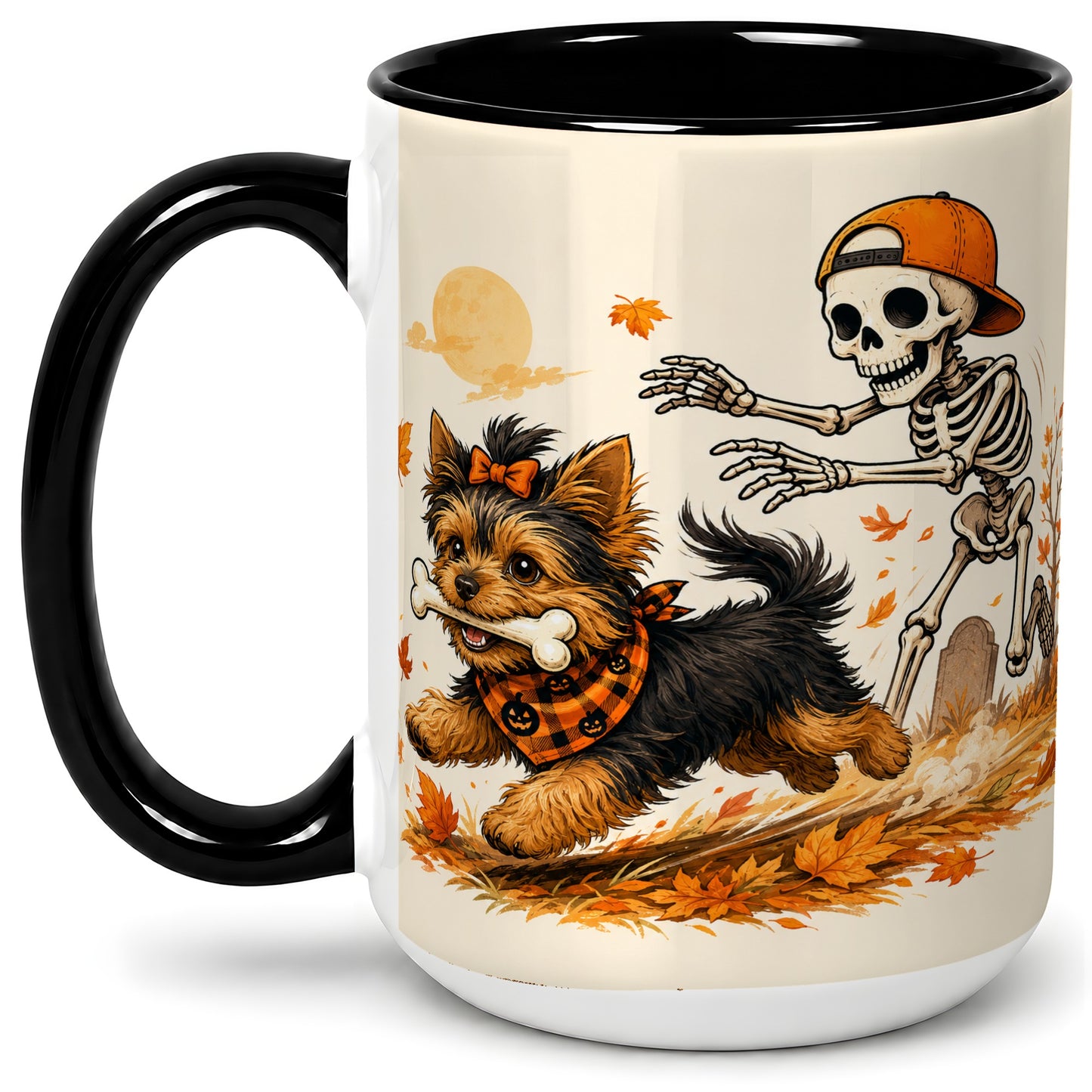 #pl[15oz|Black] Orange Cap Skeleton Yorkie Ceramic Mug, Autumn Art for Dog Lovers