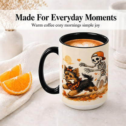 #pl[15oz|Black] Orange Cap Skeleton Yorkie Ceramic Mug, Autumn Art for Dog Lovers