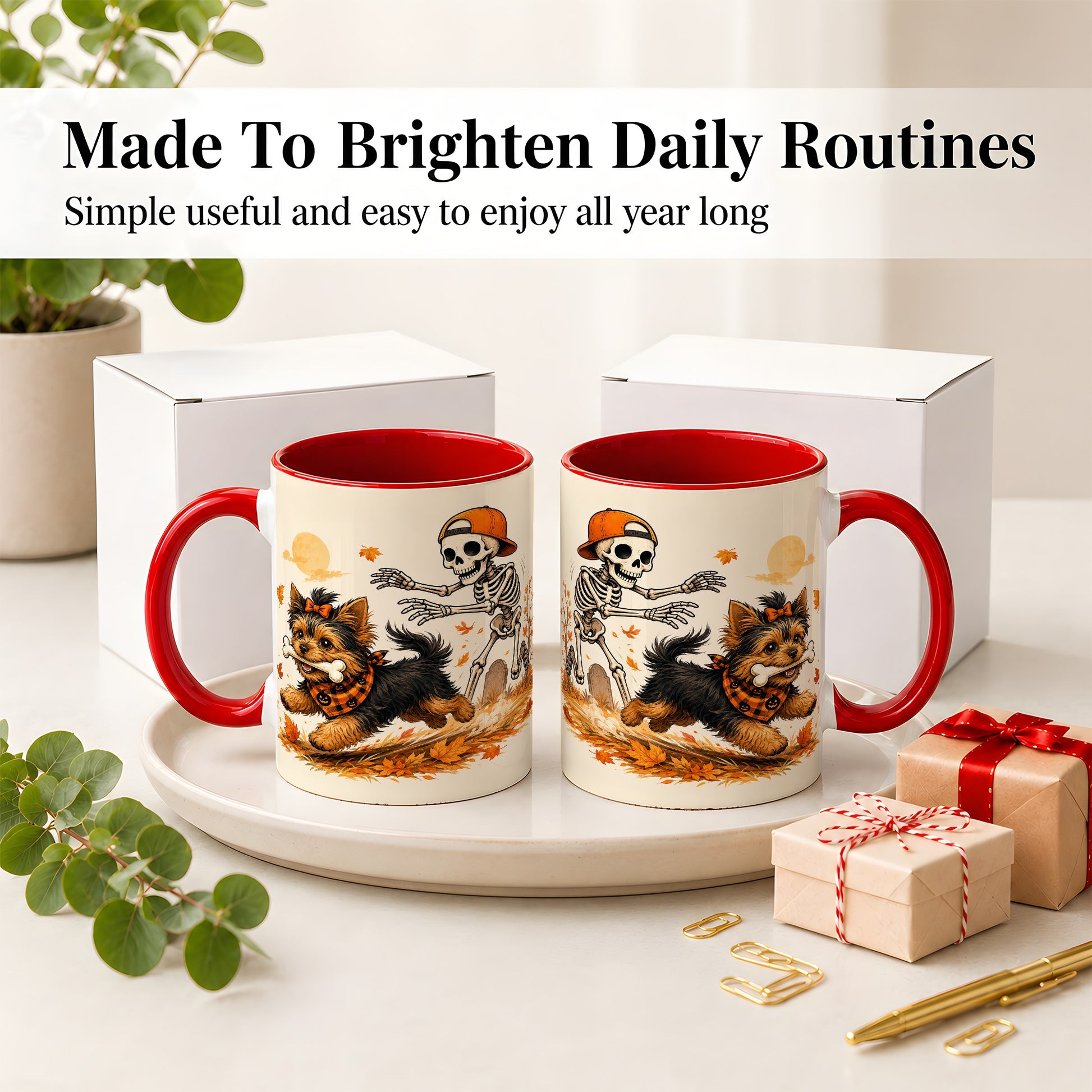 #pl[11oz|Red] Orange Cap Skeleton Yorkie Ceramic Mug, Autumn Art for Dog Lovers