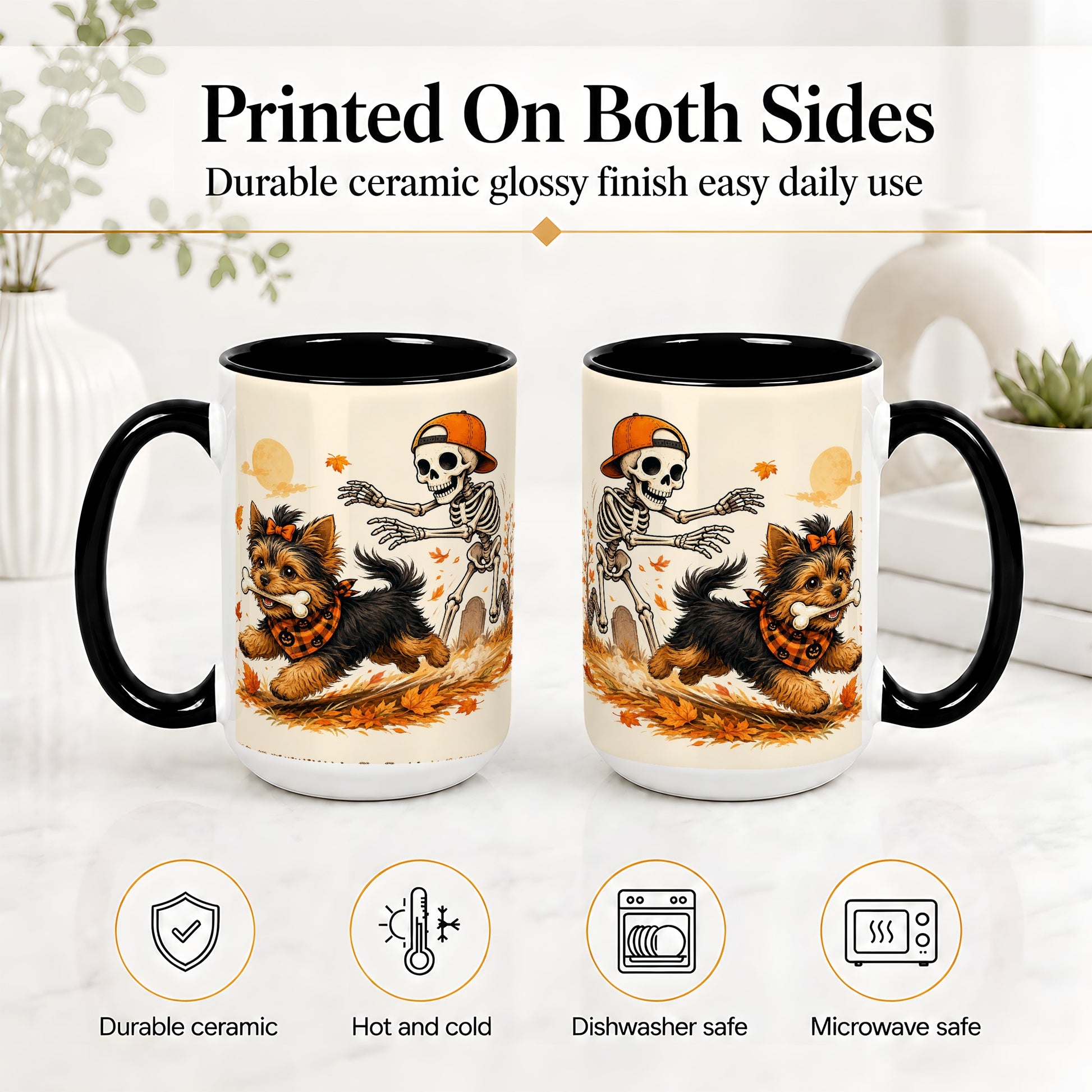 #pl[15oz|Black] Orange Cap Skeleton Yorkie Ceramic Mug, Autumn Art for Dog Lovers