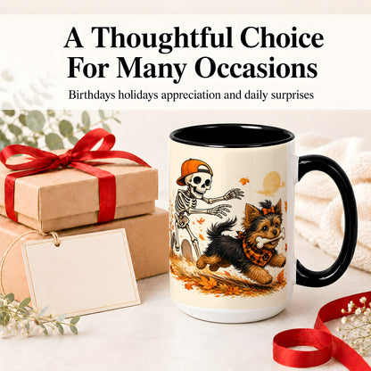 #pl[15oz|Black] Orange Cap Skeleton Yorkie Ceramic Mug, Autumn Art for Dog Lovers
