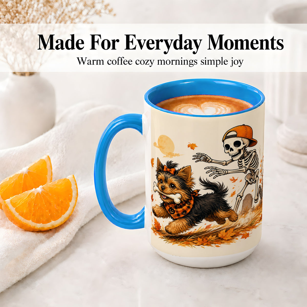 #pl[15oz|Blue] Orange Cap Skeleton Yorkie Ceramic Mug, Autumn Art for Dog Lovers