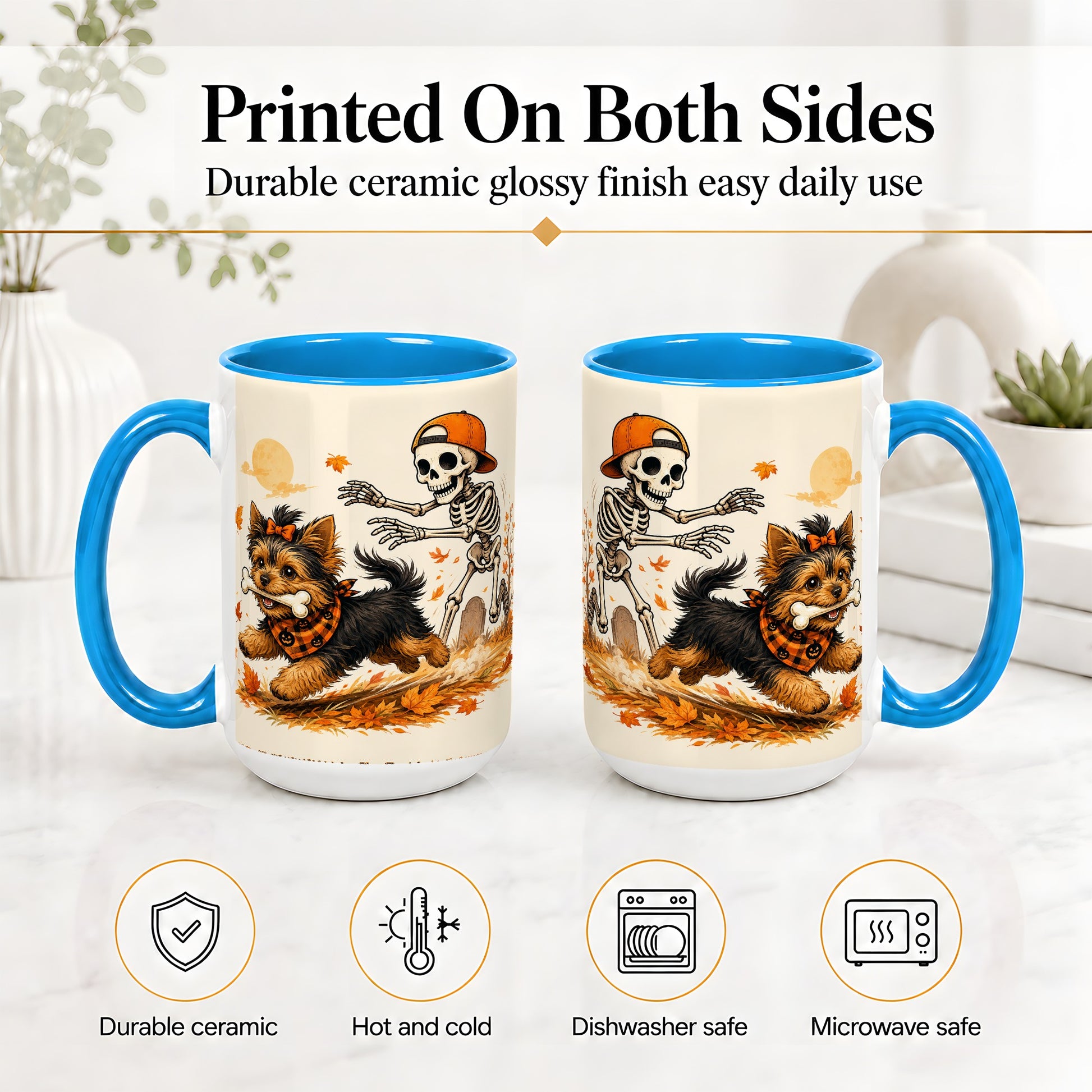 #pl[15oz|Blue] Orange Cap Skeleton Yorkie Ceramic Mug, Autumn Art for Dog Lovers