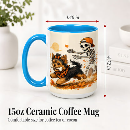 #pl[15oz|Blue] Orange Cap Skeleton Yorkie Ceramic Mug, Autumn Art for Dog Lovers