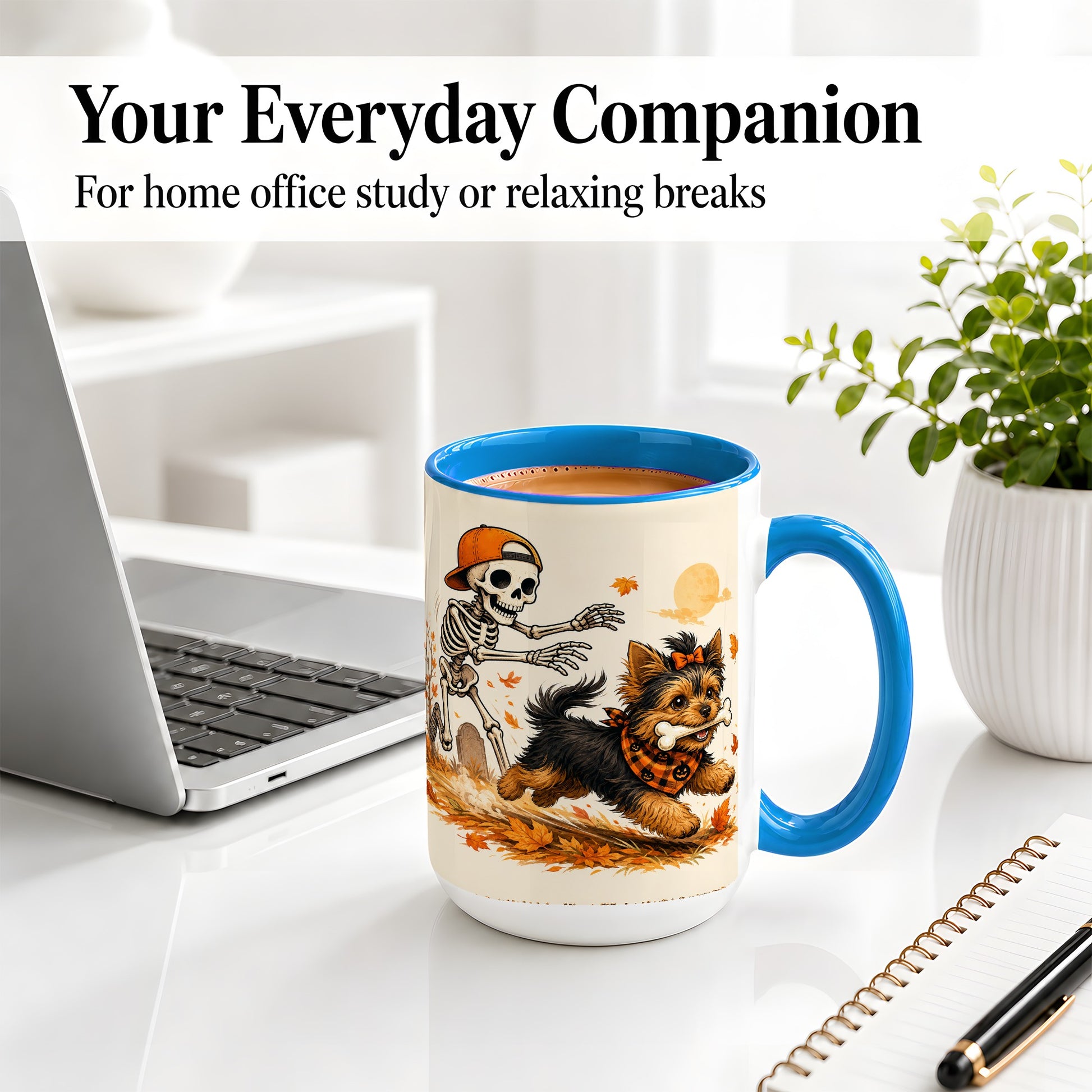 #pl[15oz|Blue] Orange Cap Skeleton Yorkie Ceramic Mug, Autumn Art for Dog Lovers
