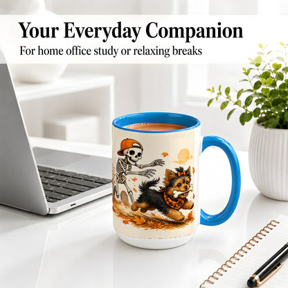 #pl[15oz|Blue] Orange Cap Skeleton Yorkie Ceramic Mug, Autumn Art for Dog Lovers
