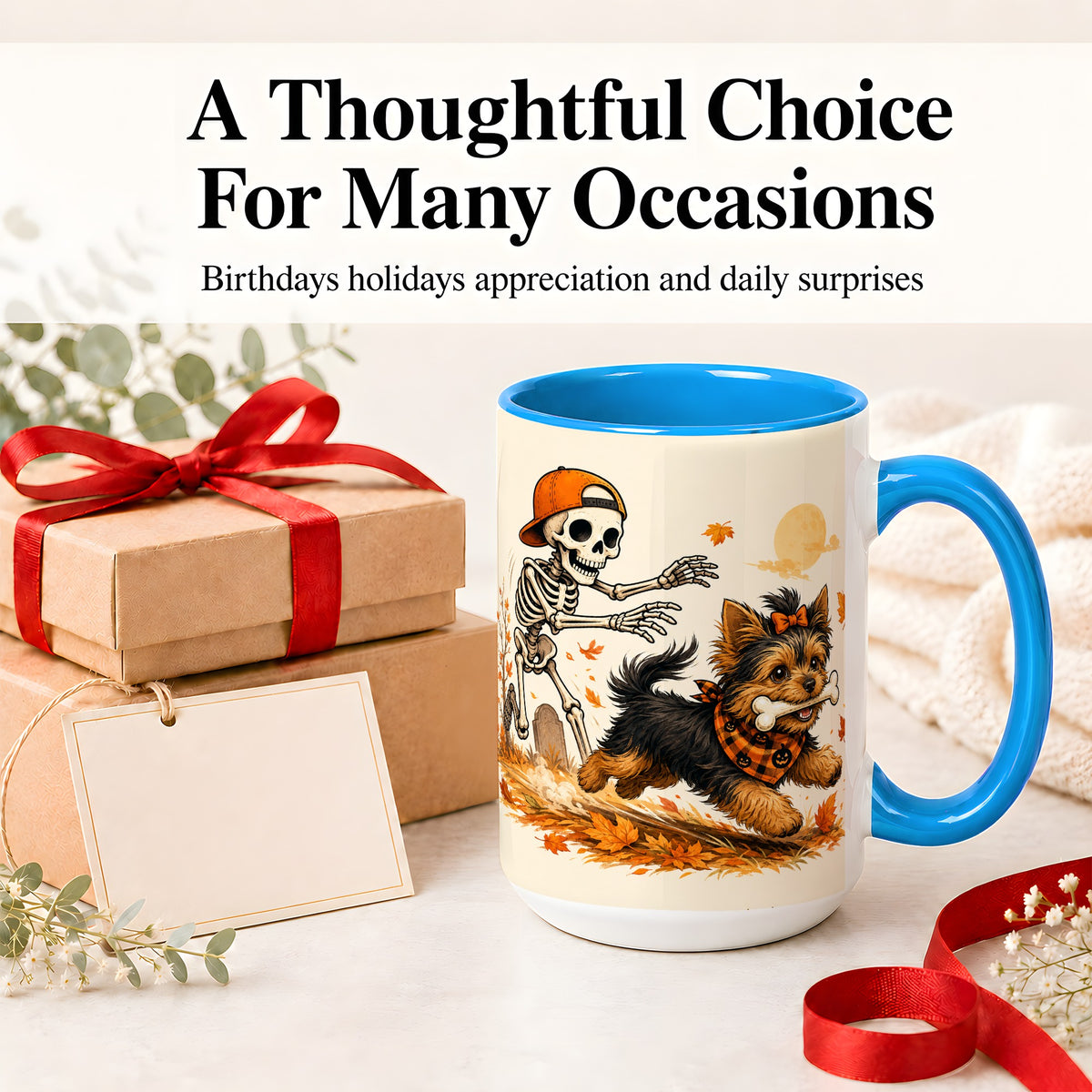 #pl[15oz|Blue] Orange Cap Skeleton Yorkie Ceramic Mug, Autumn Art for Dog Lovers