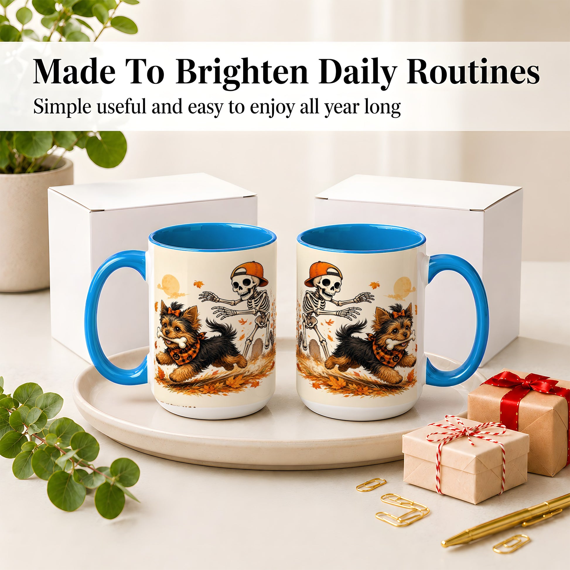 #pl[15oz|Blue] Orange Cap Skeleton Yorkie Ceramic Mug, Autumn Art for Dog Lovers