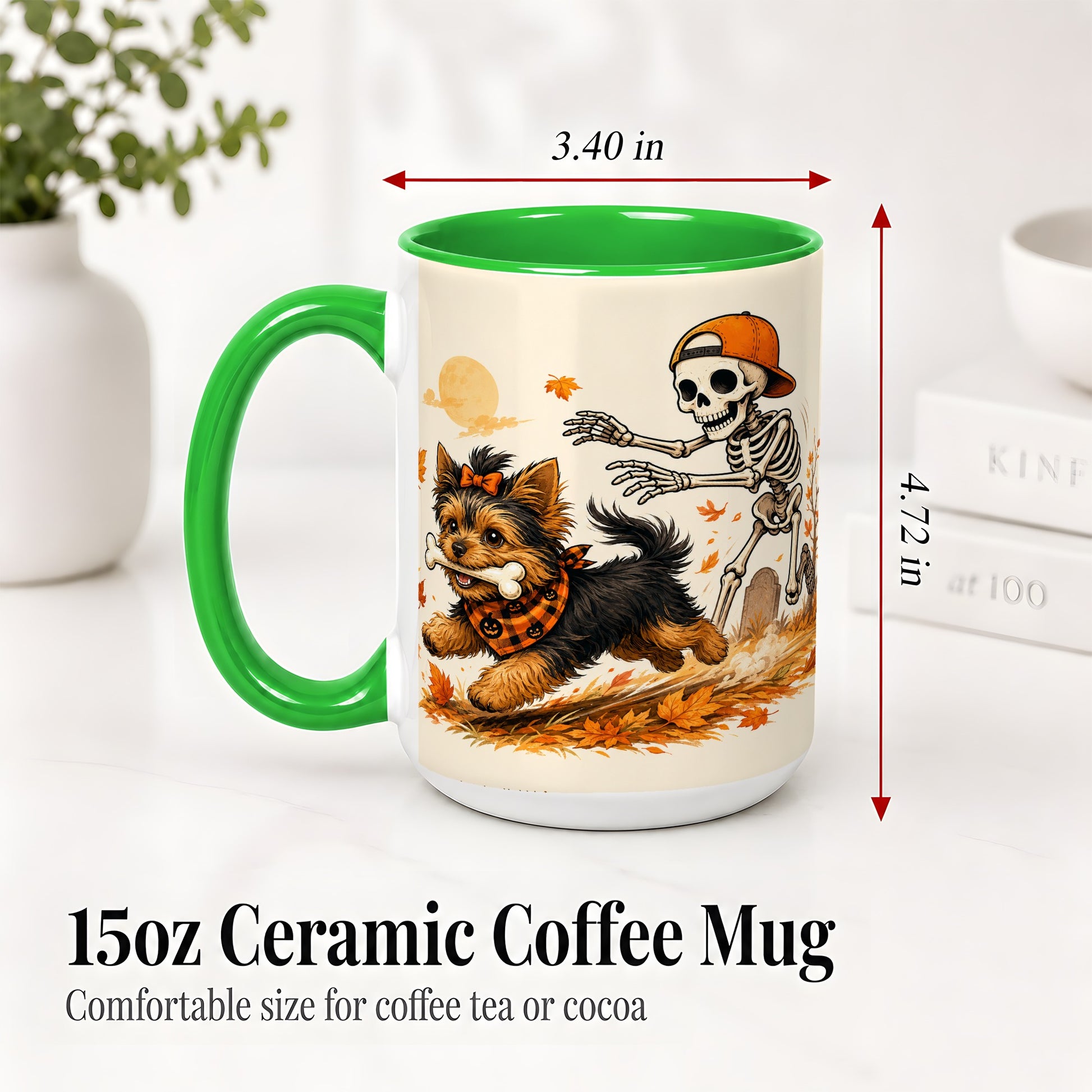 #pl[15oz|Green] Orange Cap Skeleton Yorkie Ceramic Mug, Autumn Art for Dog Lovers