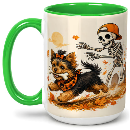 #pl[15oz|Green] Orange Cap Skeleton Yorkie Ceramic Mug, Autumn Art for Dog Lovers