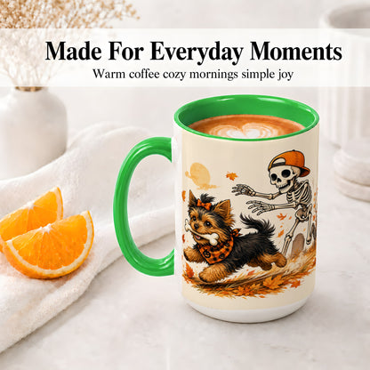 #pl[15oz|Green] Orange Cap Skeleton Yorkie Ceramic Mug, Autumn Art for Dog Lovers