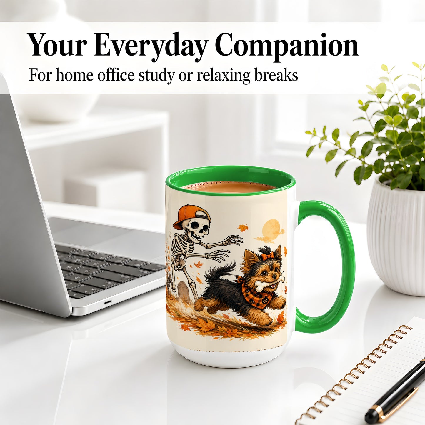#pl[15oz|Green] Orange Cap Skeleton Yorkie Ceramic Mug, Autumn Art for Dog Lovers