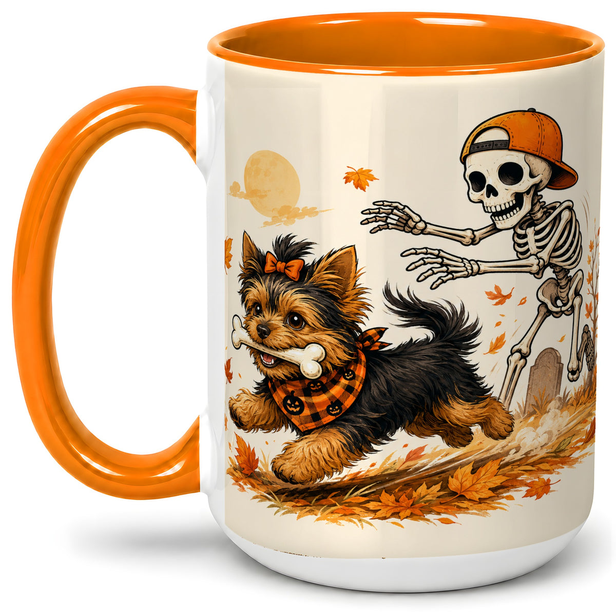 #pl[15oz|Orange] Orange Cap Skeleton Yorkie Ceramic Mug, Autumn Art for Dog Lovers